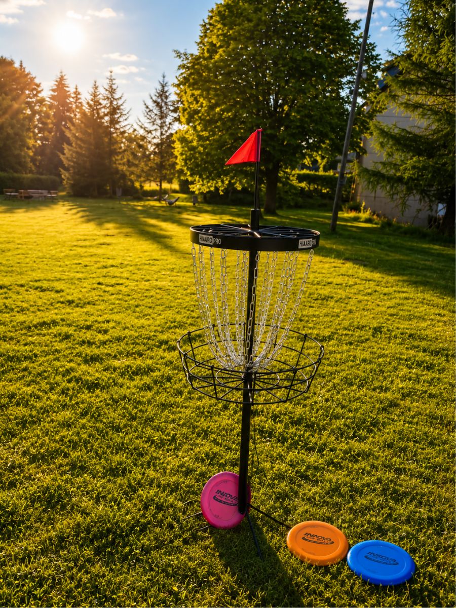 Frisbee golf basket on the meadow in the Ore Mountains