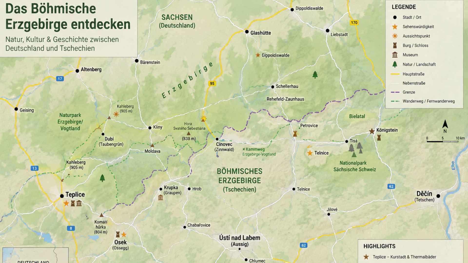 Map of excursion destinations in the Bohemian Ore Mountains