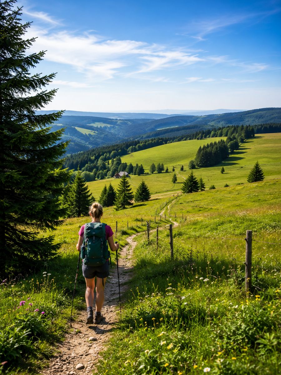 Hiker in the Ore Mountains landscape