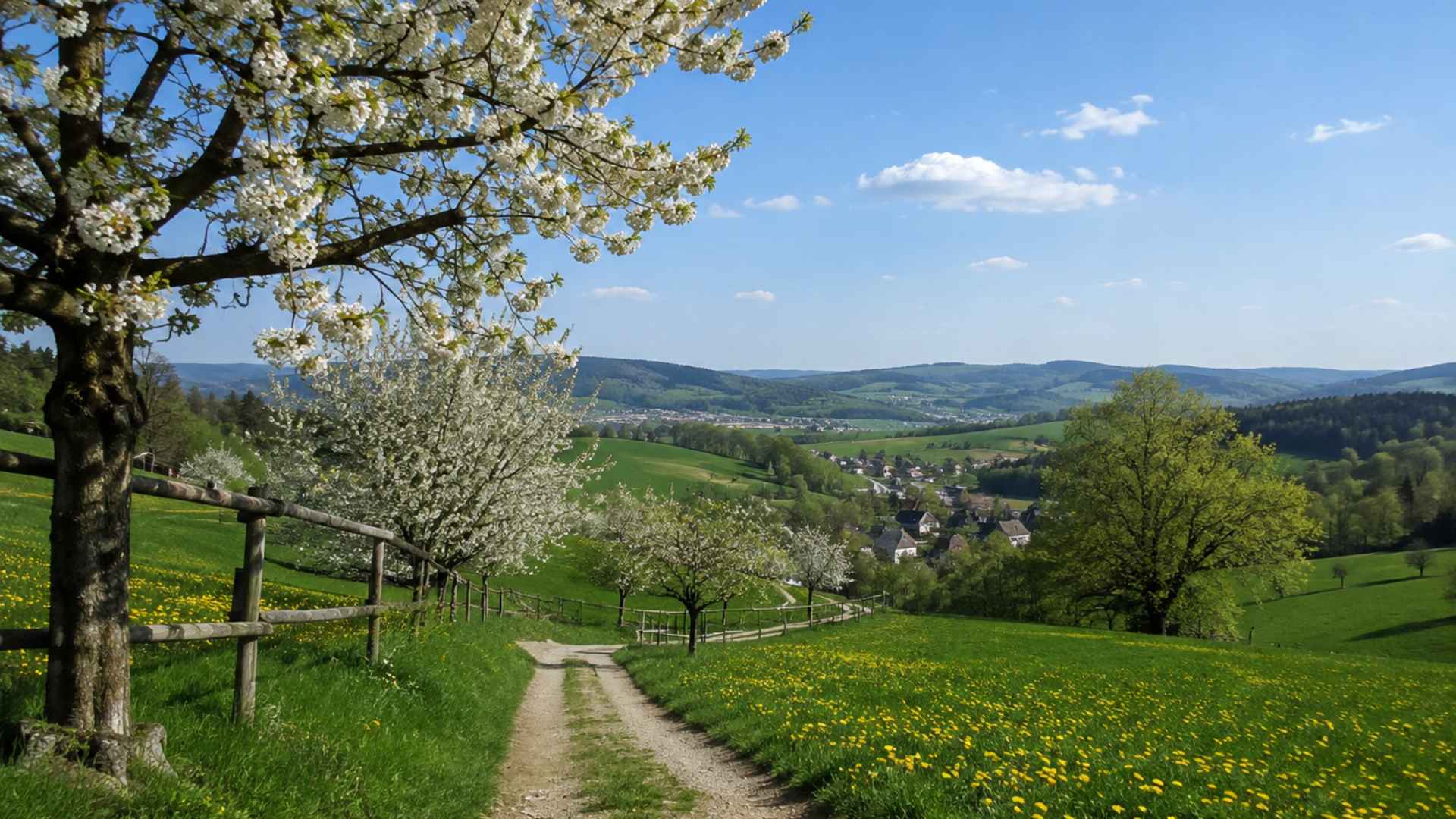 Spring in the Ore Mountains with blossoming trees