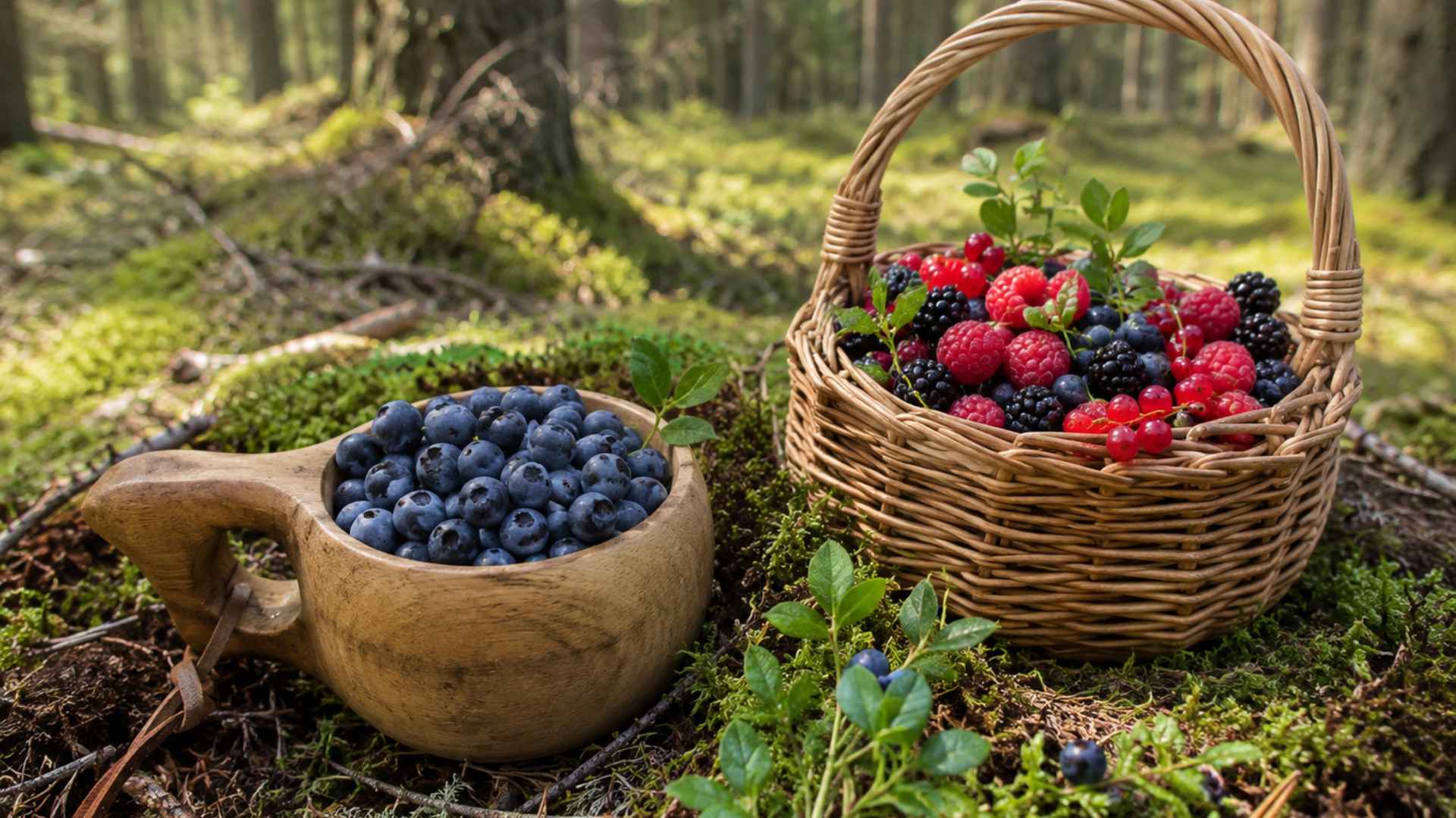 Blueberries and wild berries in a basket