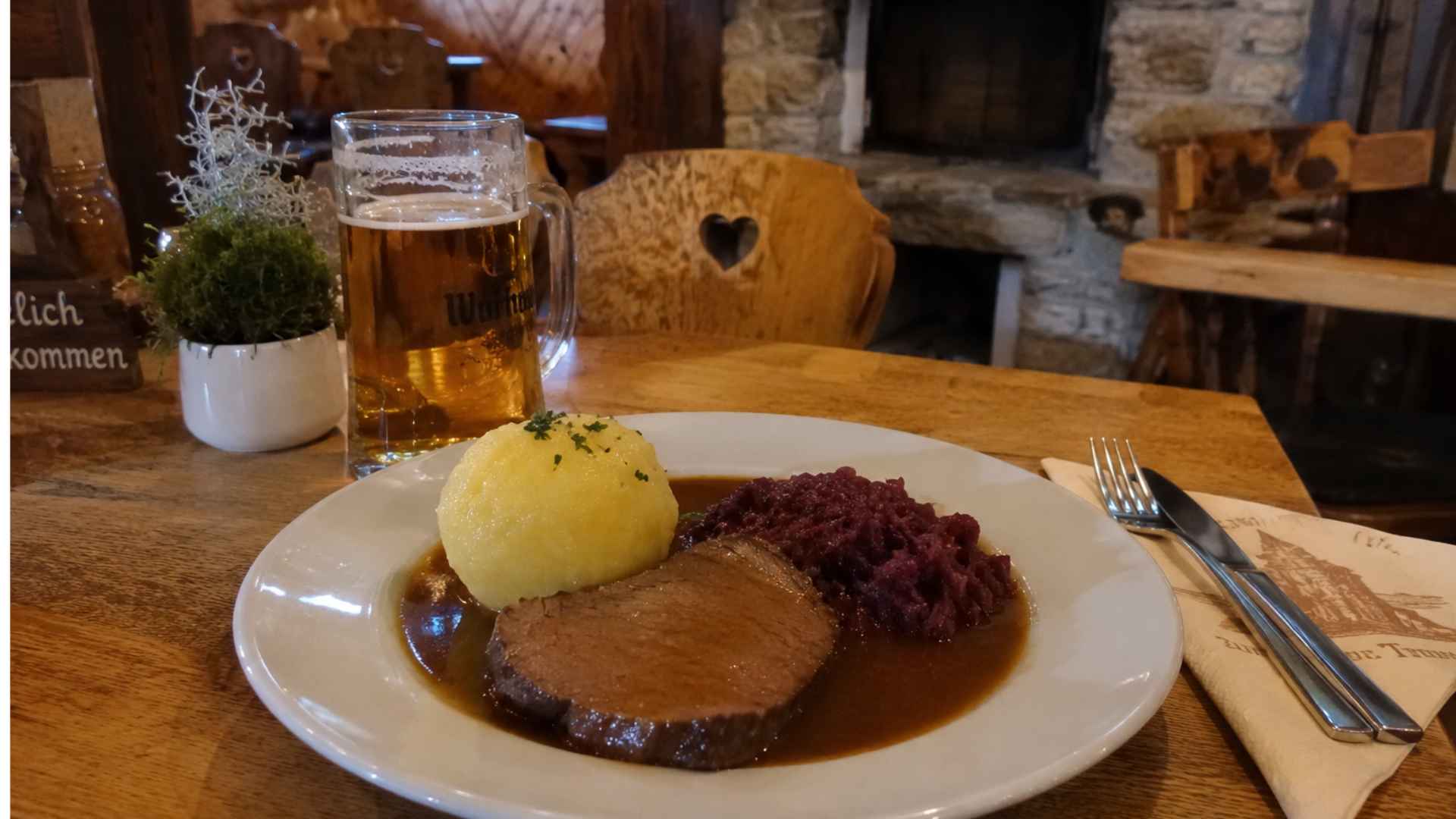 Traditional food in the Ore Mountains with dumplings and red cabbage