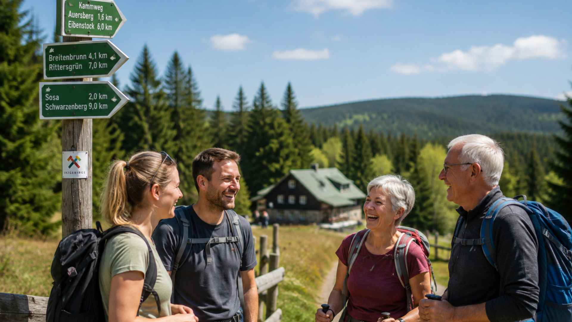 Group of hikers at a signpost in the Ore Mountains