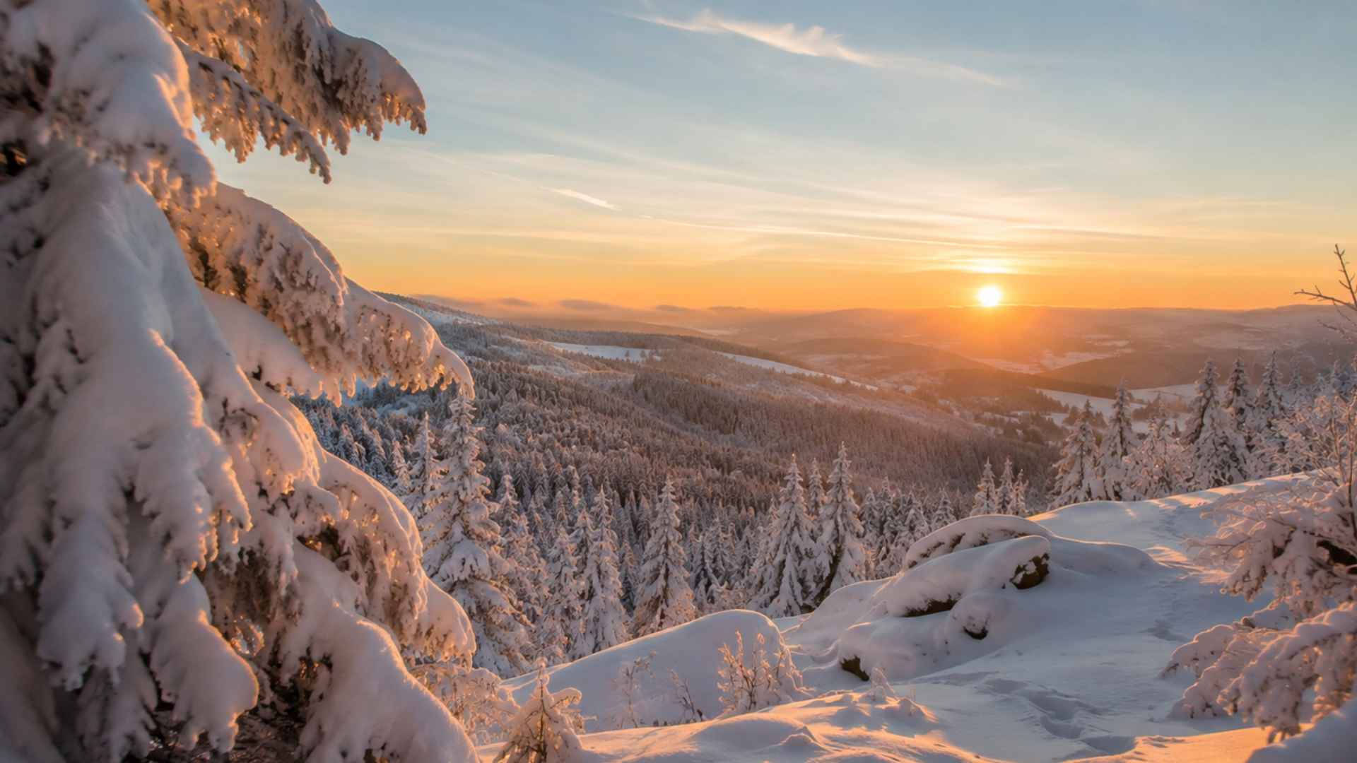 Winter landscape in the Ore Mountains at sunset