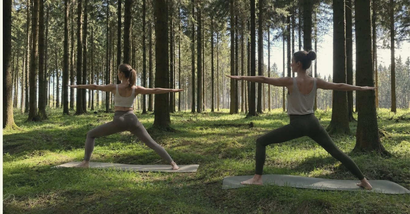 Zwei Frauen in der Kriegerhaltung auf Yogamatten im lichtdurchfluteten Fichtenwald bei Altenberg im Erzgebirge