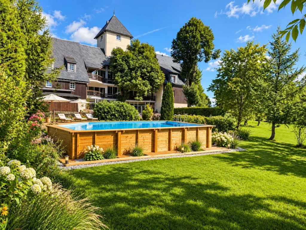 Solar-heated wooden pool in the garden of the Landhotel Altes Zollhaus in the Ore Mountains, with the historic hotel and its tower behind