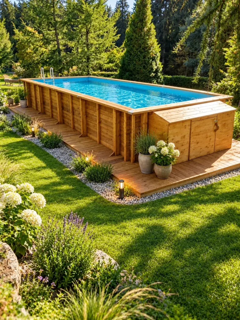 Rechteckiger Holzpool mit Leiter und Holzterrasse im grünen Hotelgarten, umgeben von Tannen