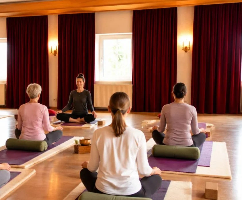 Yoga-Gruppe beim Basenfasten im Yogaraum des Landhotels Altes Zollhaus